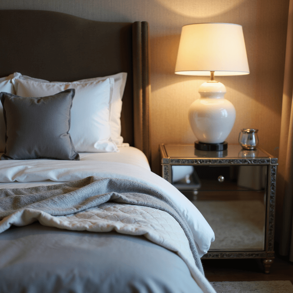 Close-up of a luxury hotel-style bedroom vignette at dusk, showcasing layered bedding with pearl silk sheets, a fog grey cashmere throw, and an ivory hand-quilted coverlet. An antiqued mirror nightstand reflects warm light from an alabaster table lamp against a textured grasscloth wallcovering, captured from a slight overhead angle with a shallow depth of field.