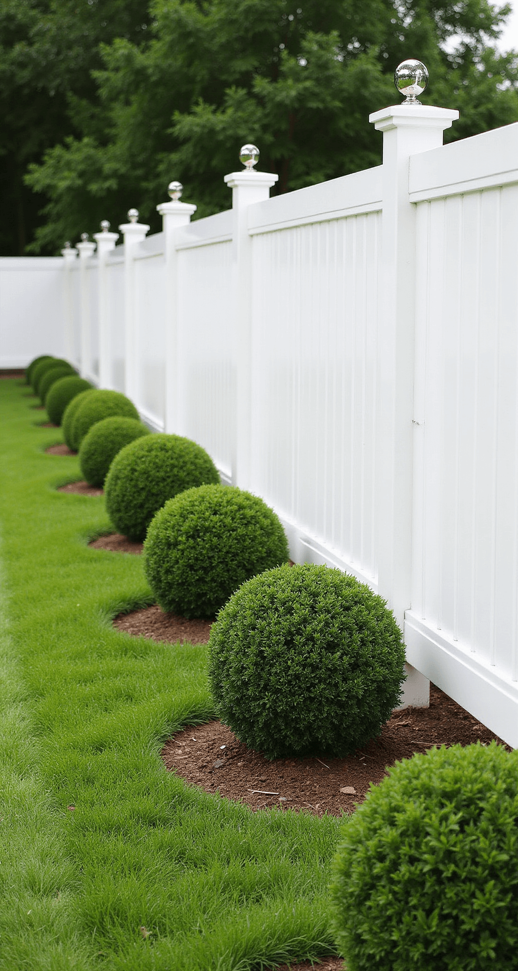 Minimalist white vinyl fence with geometric lines and chrome post caps, surrounded by sculpted boxwood spheres and emerald zoysia grass, photographed in overcast light.