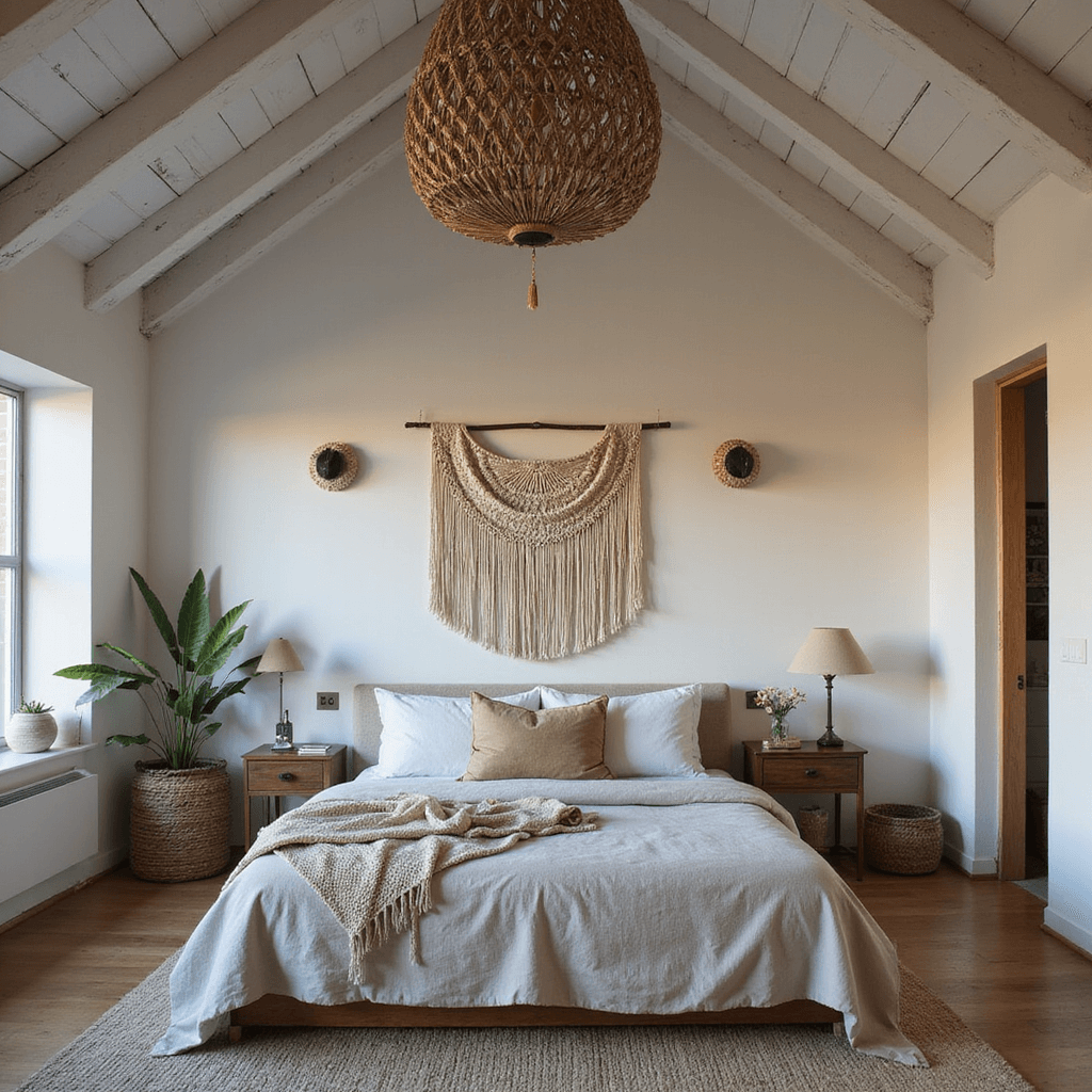 Bohemian-neutral bedroom with a vaulted ceiling, showcasing white-washed beams and an oversized rattan pendant. A low-profile bed in rumpled natural linen is accented by a vintage Moroccan wedding blanket. Macramé wall hangings, sheepskin throws, and handwoven baskets enhance the organic modern aesthetic. The image captures the warm ambiance during blue hour, viewed from the doorway.