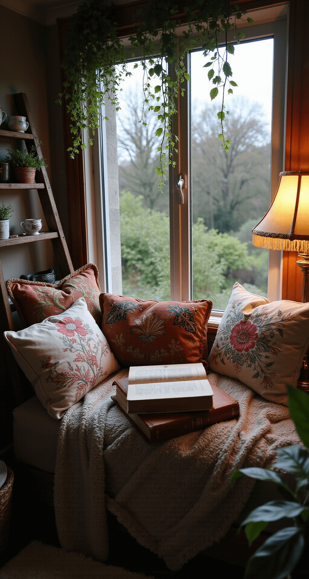 A cozy reading nook in a cottagecore bedroom at twilight, featuring a deep window seat filled with embroidered and floral print cushions, a leather-bound book on a chunky knit throw, glimpses of a lush garden outside, hanging plants framing the window, a rustic ladder shelf with mismatched teacups and potted herbs, and warm light from a vintage table lamp with a fringed shade.