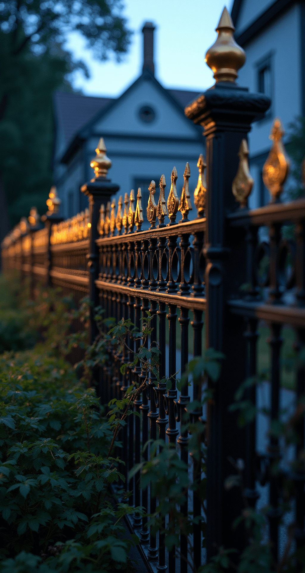 A traditional wrought iron estate fence with ornate spear-top panels and gold-leafed finials, surrounded by mature climbing roses, is captured at blue hour. The Gothic-inspired scrollwork adds an architectural element, while the dramatic evening atmosphere enhances its grandeur against deep green landscaping.