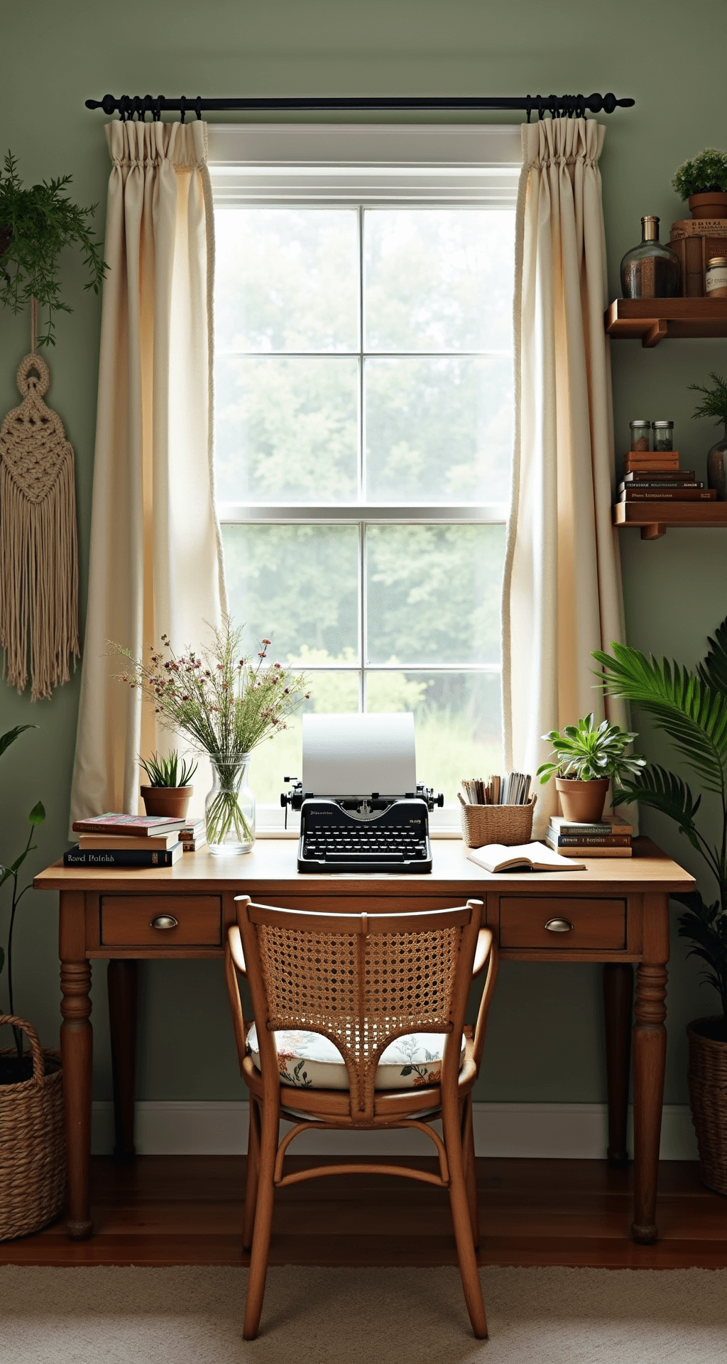 A cozy cottagecore bedroom workspace bathed in soft morning light, featuring a rustic wooden desk under a large window with flowing linen curtains, adorned with a vintage typewriter, wildflower-filled mason jars, and leather-bound journals, alongside a woven wicker chair with a floral cushion, floating shelves with potted ferns and vintage books, and a macramé wall hanging on a sage green wall.