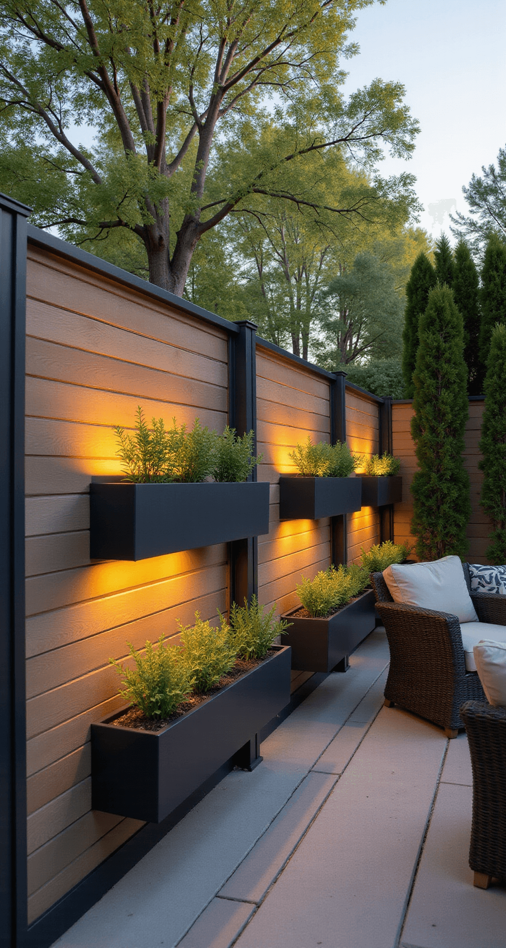 A stylish outdoor living space featuring a 6-foot gray-brown composite privacy fence, illuminated by integrated LED lighting on modern planters, with warm morning light enhancing the textures and creating depth, alongside a cozy seating area.