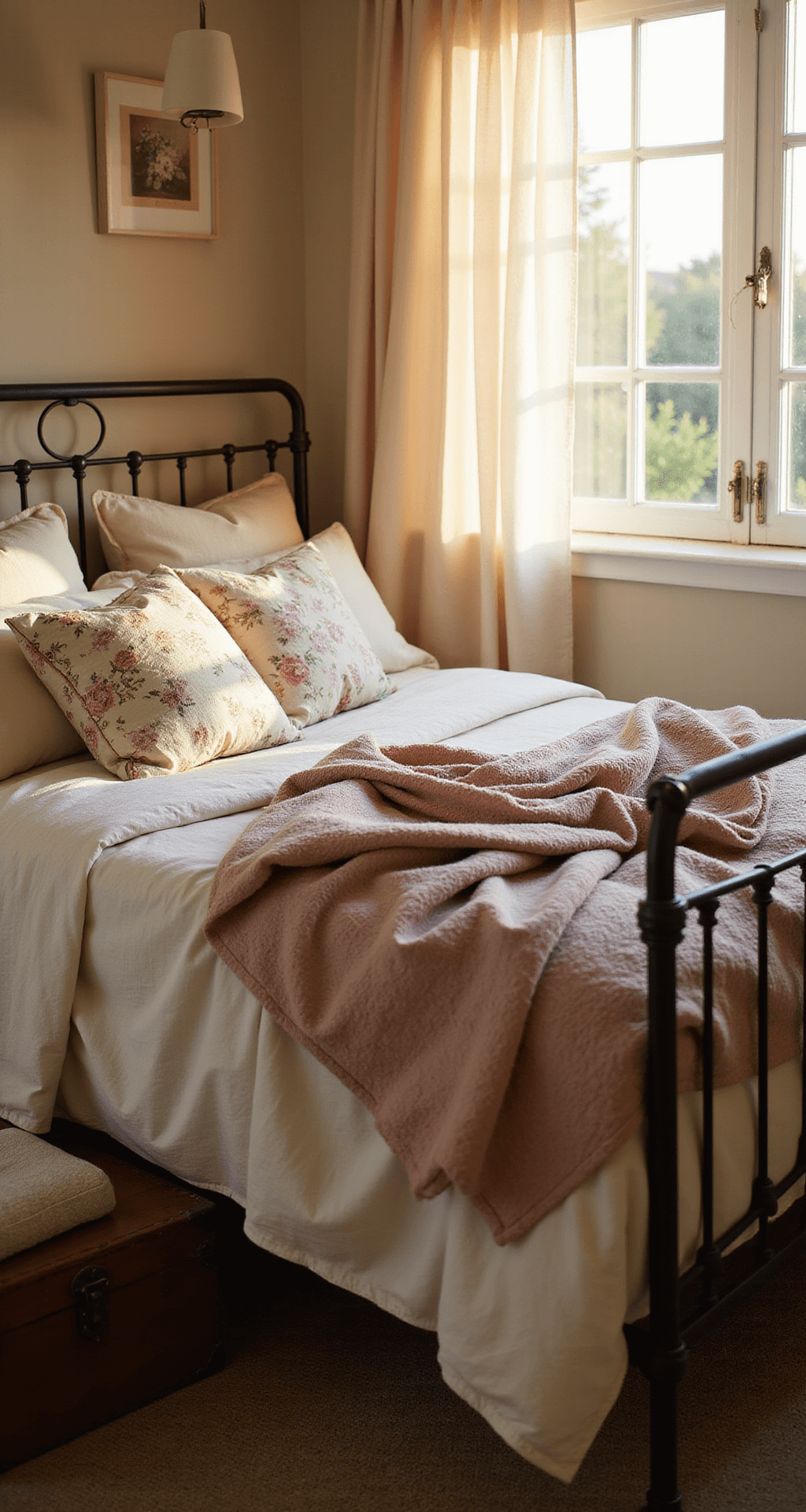 A cozy cottagecore bed setup featuring a wrought iron frame adorned with layered cream and dusty rose linens, a vintage quilt at the foot, mismatched floral pillows, and gauzy curtains softly flowing by an open window, all illuminated by warm golden hour light.