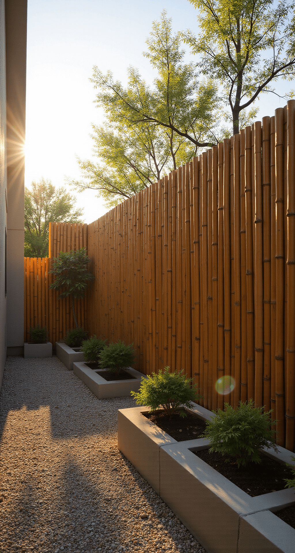 A sunlit backyard featuring an 8ft tall bamboo privacy wall, with golden hour lighting casting shadows over a zen garden of raked gravel, complemented by low concrete planters of Japanese maples.