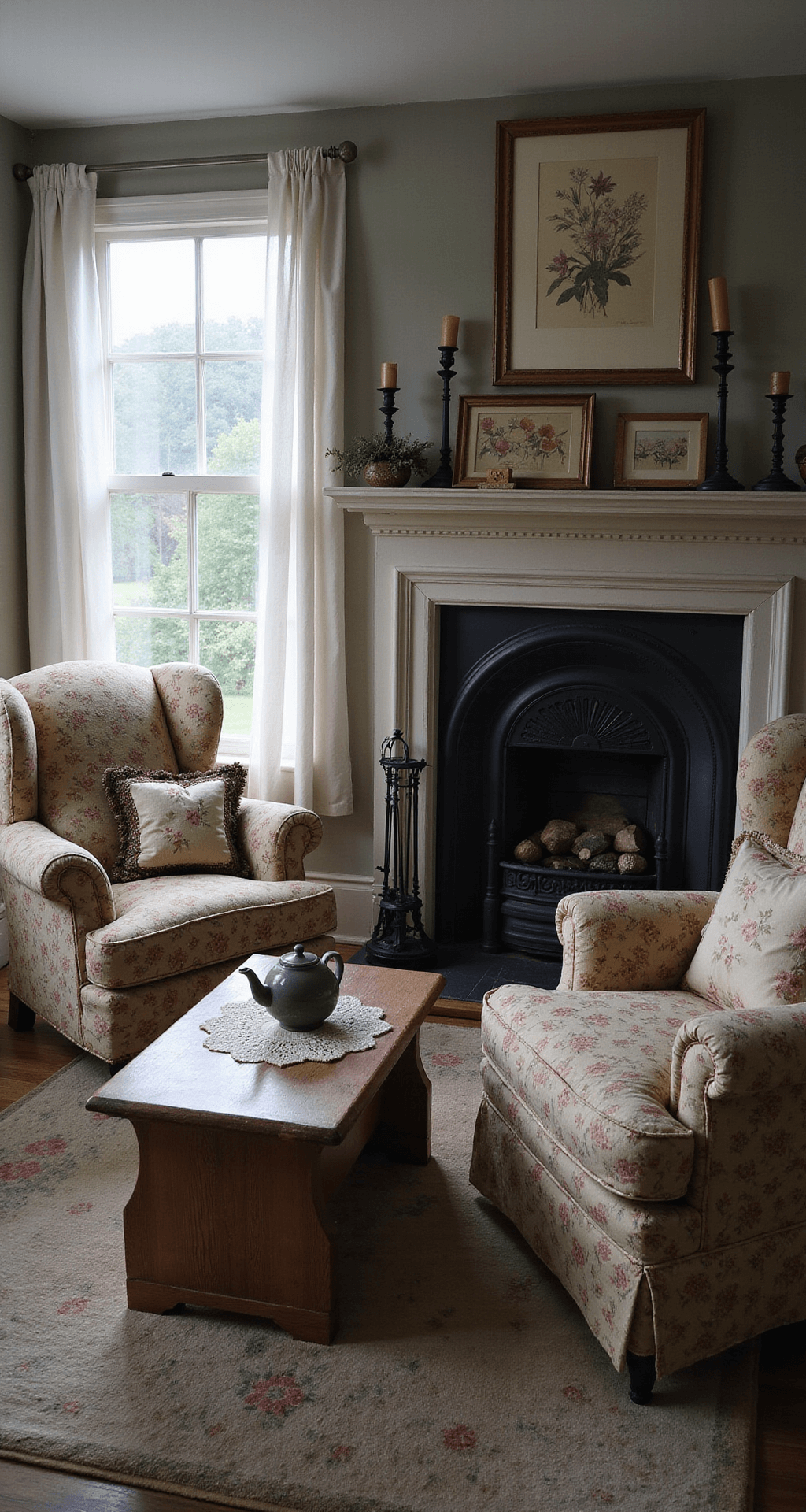 Cozy cottagecore bedroom seating area with two floral armchairs facing a small stone fireplace, a steaming teapot on a lace doily atop a chunky wooden coffee table, handmade quilts draped over the chairs, a mantle decorated with vintage candlesticks and pressed flower art, rain softly falling against a window with sheer curtains, muted Persian rug on wide plank floors, soft gray light creating a moody atmosphere.
