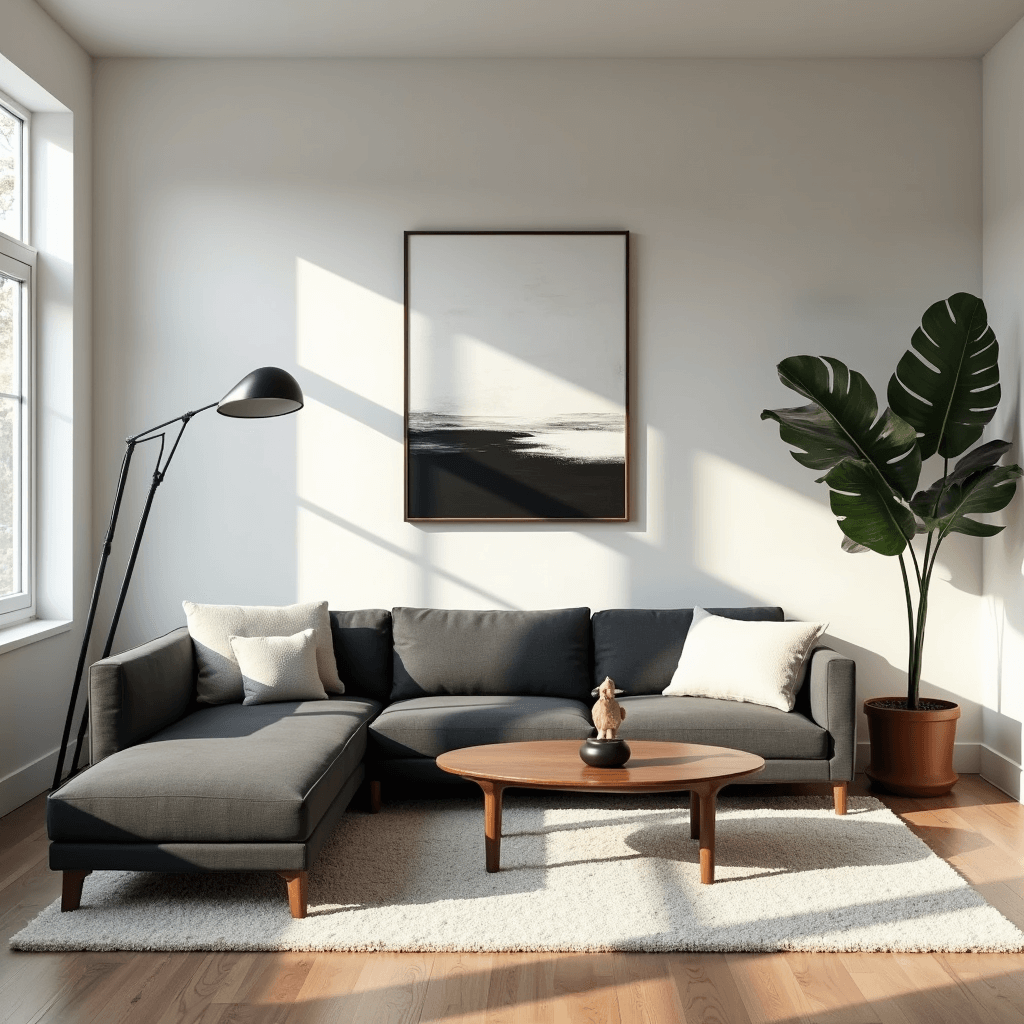 Modern minimalist living room featuring a charcoal gray sectional with ivory cushions, a walnut coffee table on a cream rug, floor-to-ceiling windows casting daylight, and a large abstract canvas, creating a bright, airy atmosphere with cool undertones.