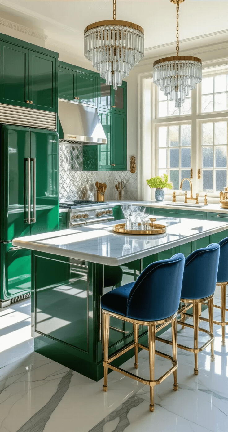 Spacious Art Deco kitchen bathed in afternoon sunlight, featuring white marble countertops, an emerald green refrigerator, sapphire blue velvet bar stools, and gold accents, with light reflecting off chrome fixtures and a crystal chandelier.