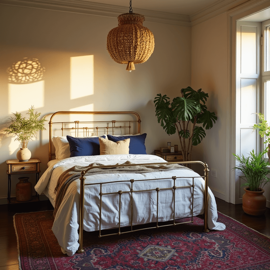 Intimate bohemian bedroom with vintage brass bed, rumpled white linens, indigo pillows, and Moroccan throw, featuring rattan pendant lamp, trailing plants in terra cotta pots, and a jewel-toned Persian rug, captured in warm golden hour light.