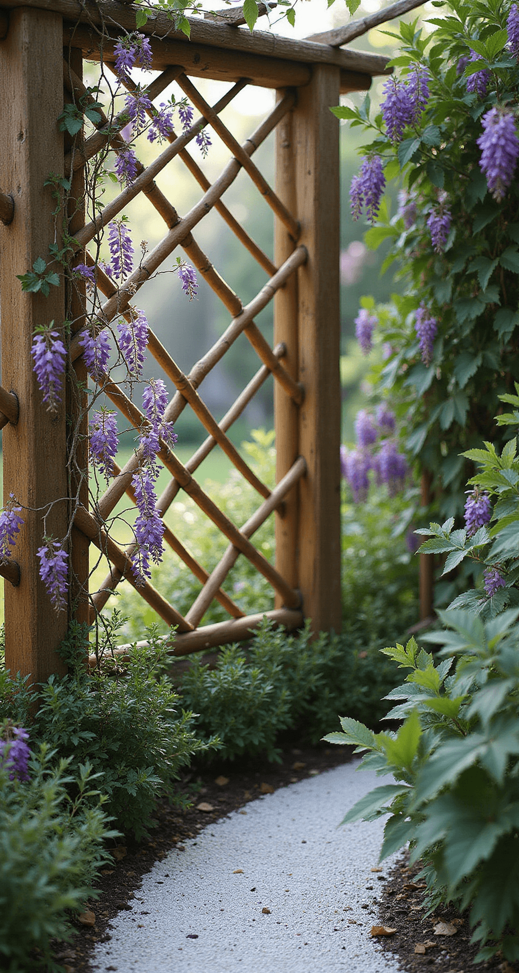 A serene garden corner with a 6ft tall rustic bamboo lattice woven at a 45-degree angle, dappled morning light filtering through, purple wisteria vines intertwining, and a white gravel path leading the viewer's eye, captured from a slight elevation in shallow depth of field.