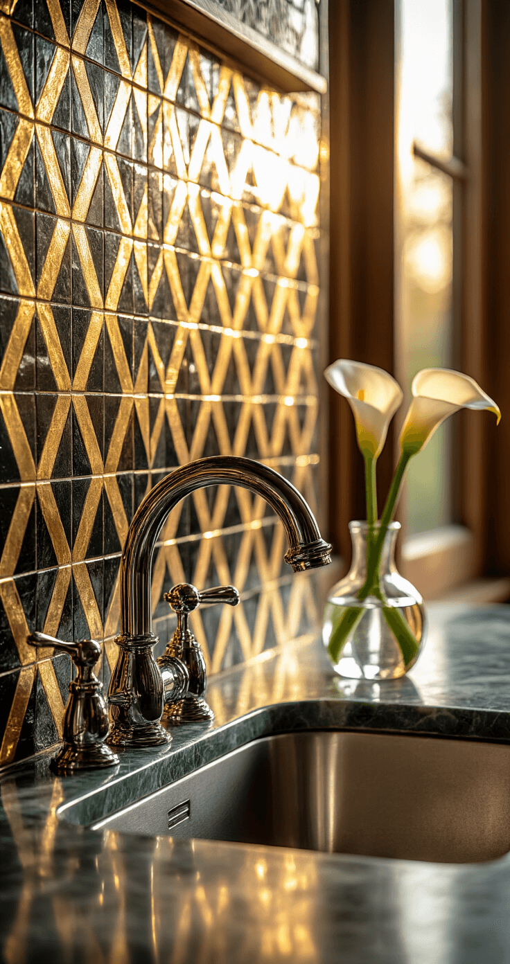Close-up of an Art Deco kitchen backsplash featuring a mosaic of black and gold geometric tiles with triangles and zigzags, illuminated by warm golden hour light; polished chrome faucet and sink reflect intricate design, and a green marble countertop edge is visible alongside a single white calla lily in a small vase, emphasizing opulence and elegance.