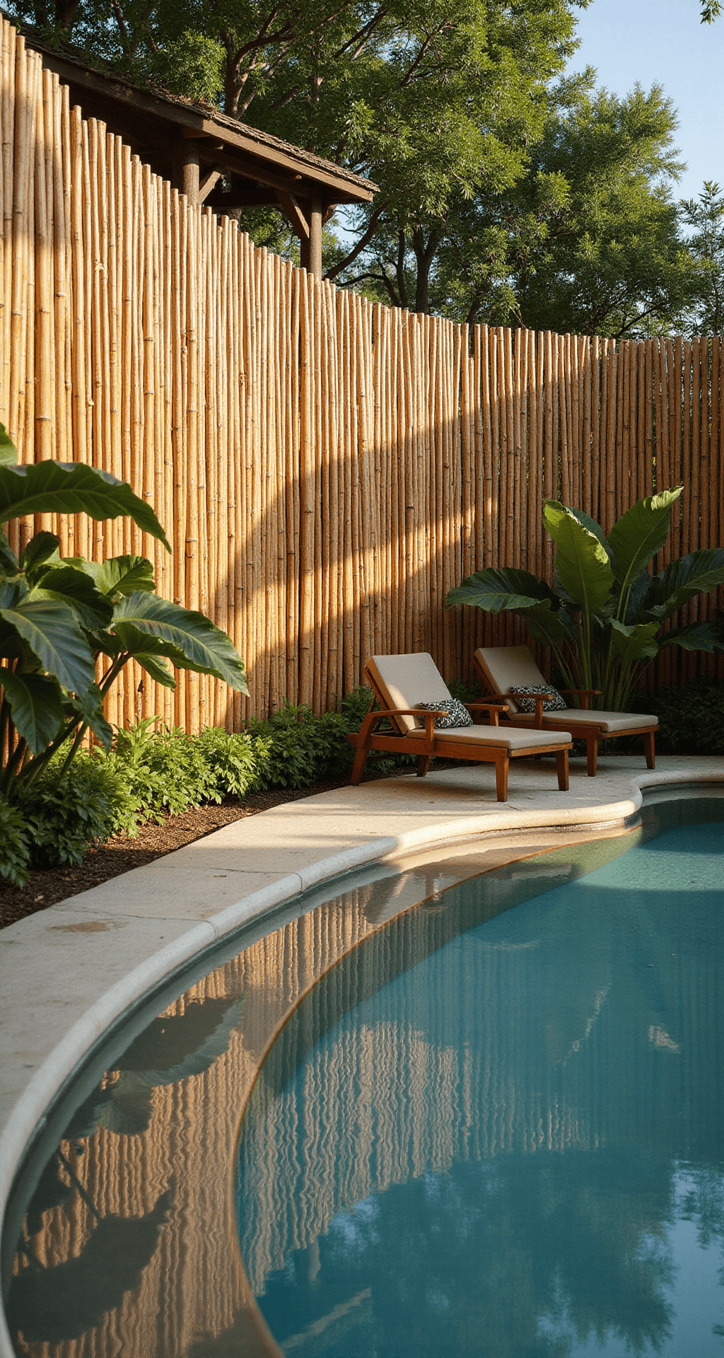A luxurious resort-style pool area featuring a 7ft curved bamboo screening with graduated heights, casting reflections in the late afternoon light. Tropical plants, including bird of paradise and giant taro, surround the scene, captured from a low angle to emphasize the curve of the bamboo.