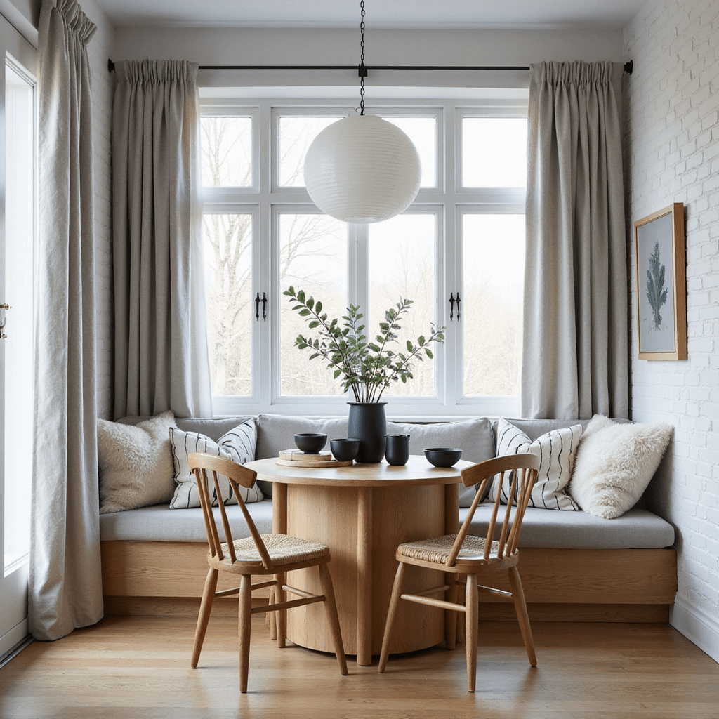 A cozy Scandinavian dining nook with a round oak table and four natural wood wishbone chairs in a light-filled space, featuring a white-painted brick wall, pale gray linen curtains, and a built-in bench adorned with sheepskin throws and geometric cushions. The minimal table setting includes matte black ceramics and fresh eucalyptus, highlighted by an oversized white paper pendant above.