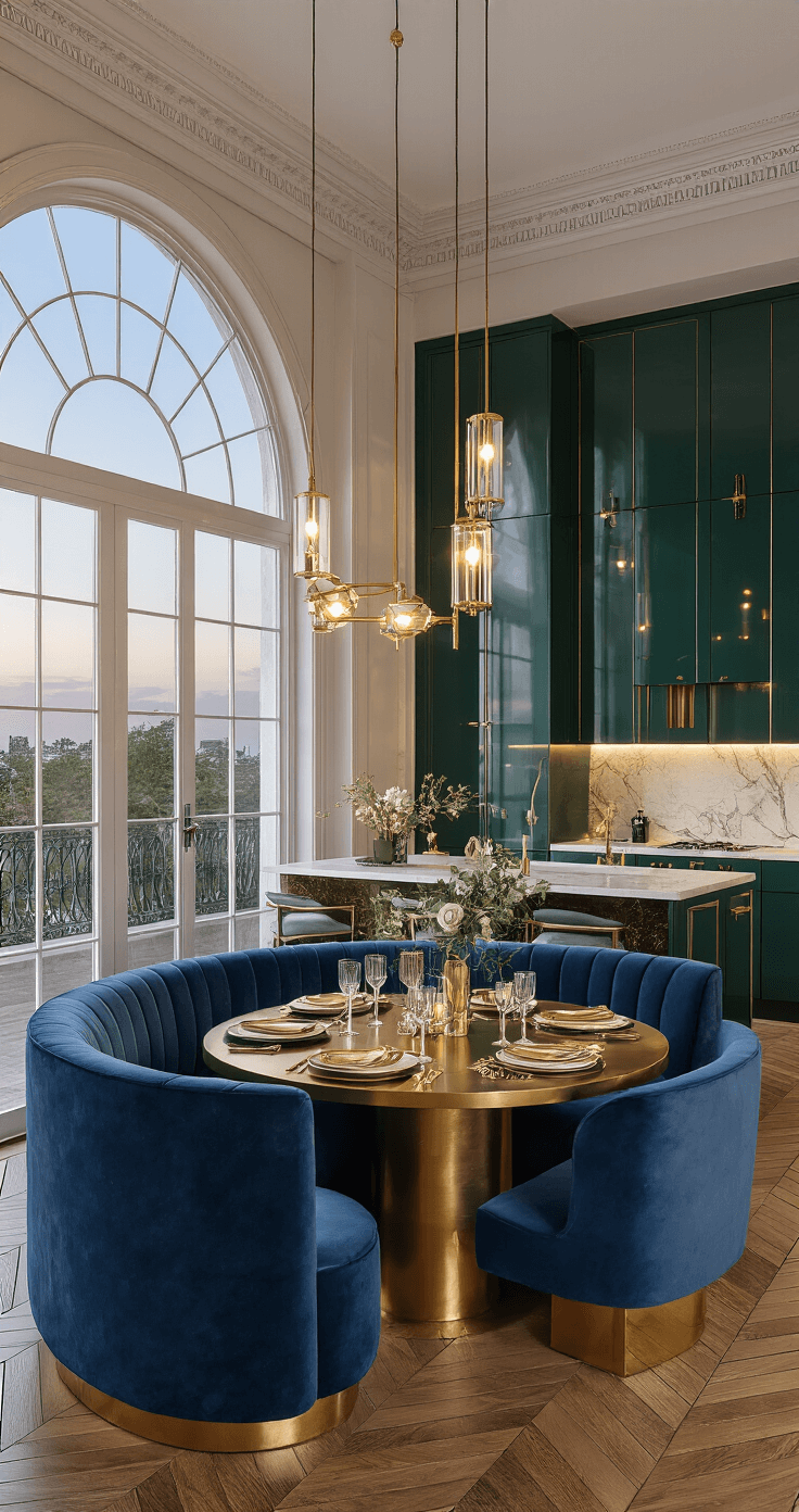 Wide-angle shot of an elegant Art Deco kitchen and dining area at twilight, featuring a sapphire blue velvet banquette around a brass dining table, a luxurious black marble island, deep emerald green cabinets, and warm pendant lighting, all framed by a large arched window.