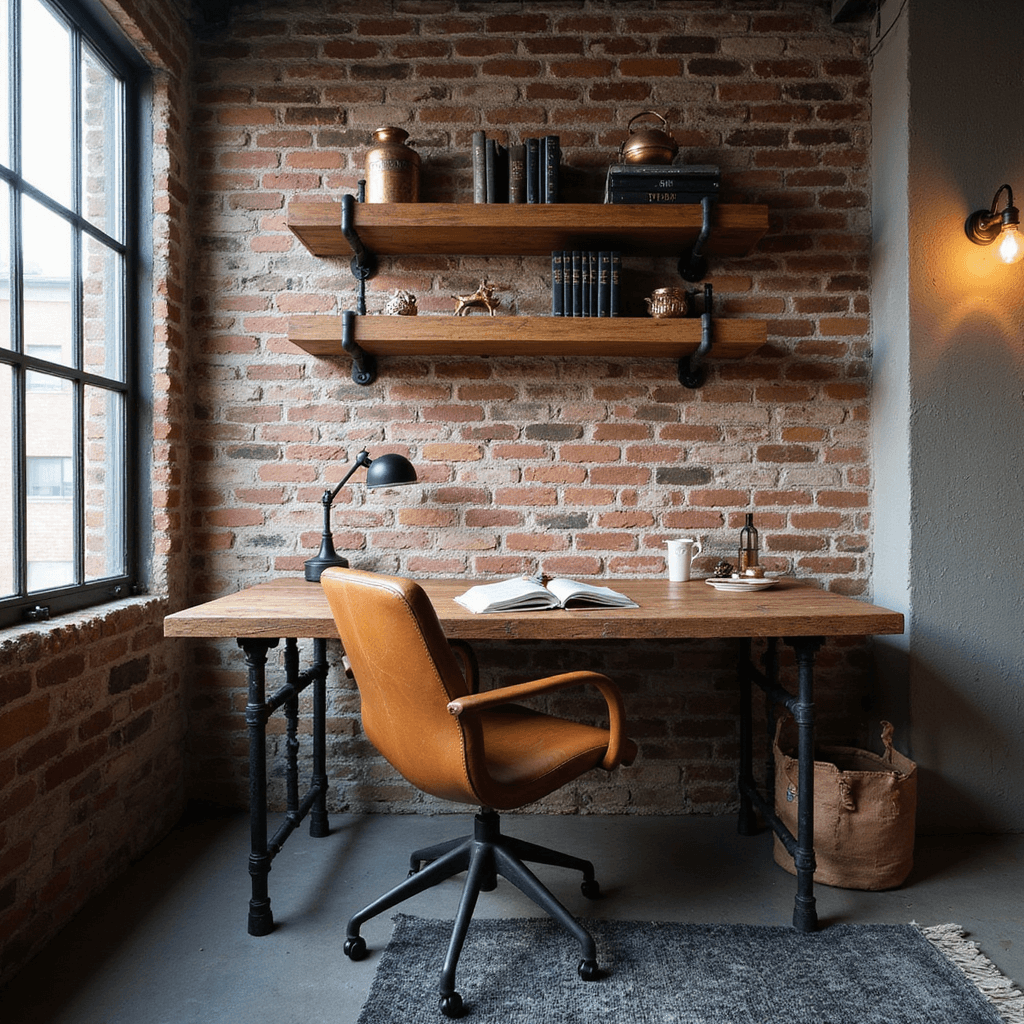 Industrial home office in a converted 10x12ft space featuring an exposed brick wall and steel-framed windows, where mid-afternoon light creates dramatic shadows. A reclaimed wood desk with a vintage leather chair is complemented by open pipe shelving with brass accessories, black-bound books, and industrial artifacts. The concrete floor is softened by a charcoal area rug, while articulating brass wall sconces provide task lighting, all captured from desk height at f/4 to highlight architectural details.
