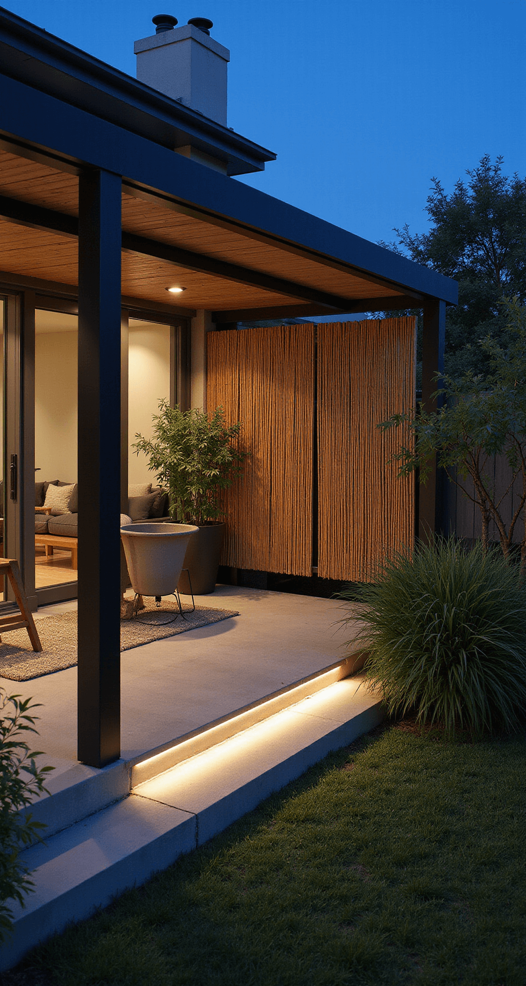 A modern garden room divider made of 6ft black bamboo panels in powder-coated steel frames, illuminated by ambient lighting from below, set on a minimal concrete deck with integrated LED strip lighting, surrounded by potted black bamboo and architectural grasses, captured at dusk in a long exposure to highlight the lighting effects.
