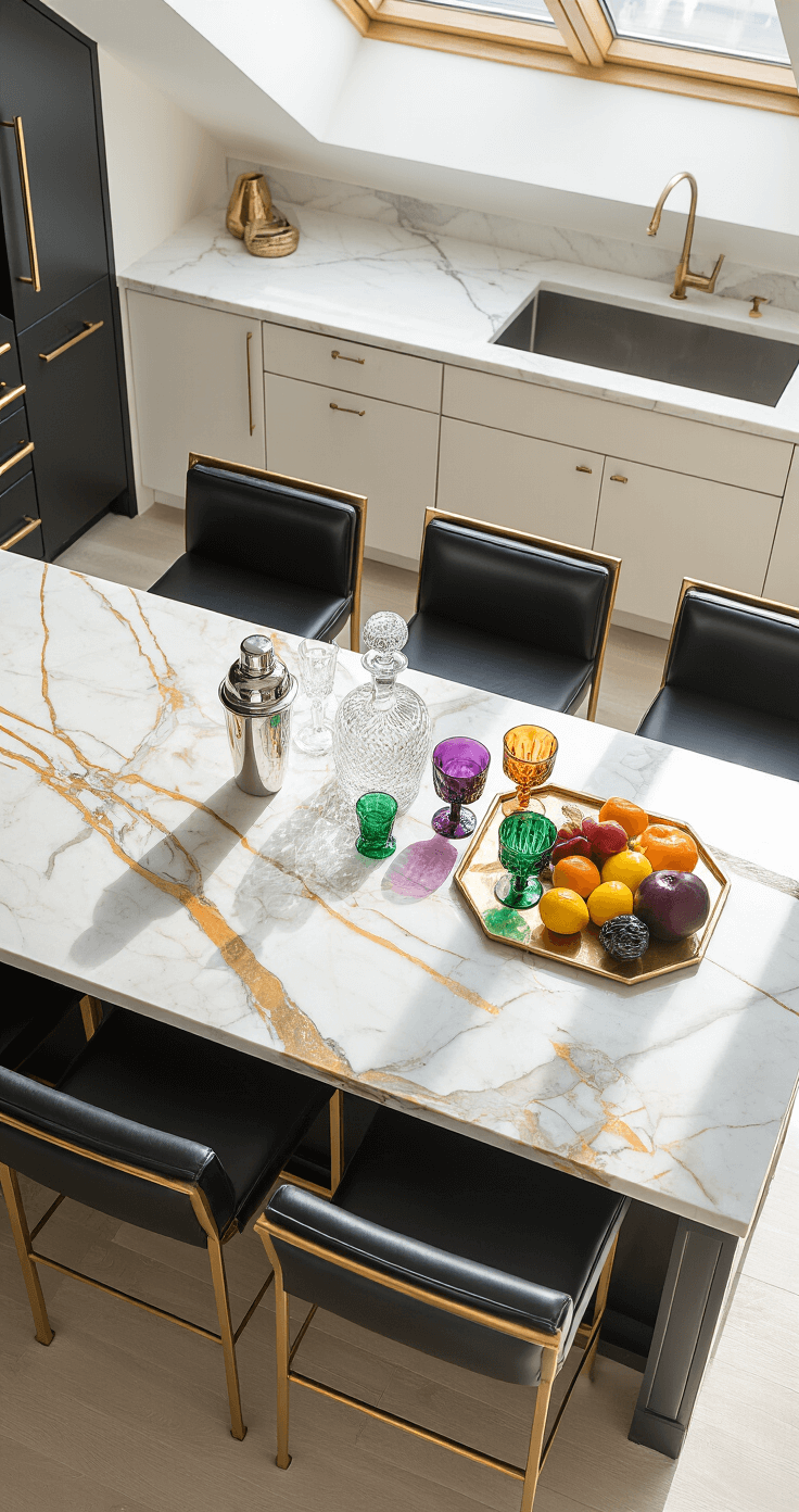 Overhead view of a luxurious Art Deco kitchen island featuring a white and gold marble top, vintage barware, jewel-toned glasses, and exotic fruits, surrounded by sleek black leather and brass bar stools, with sunlight casting intricate shadows.