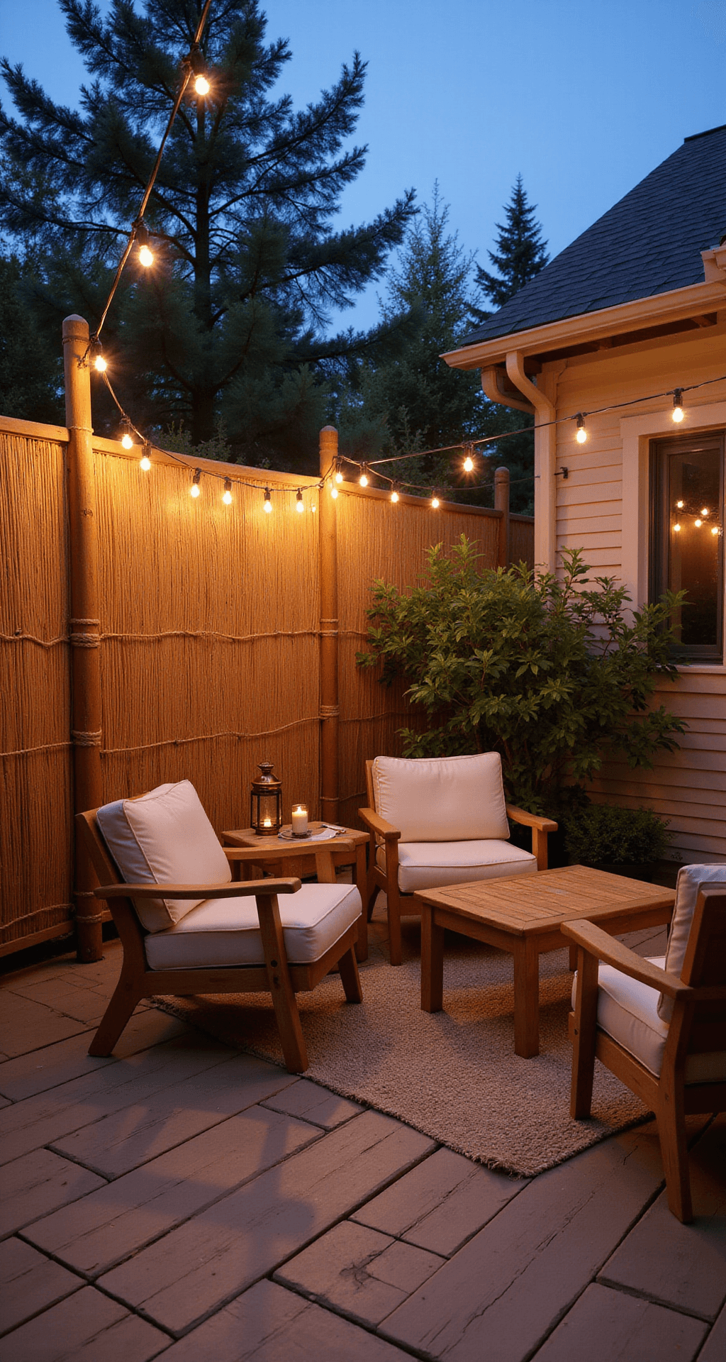 A cozy elevated deck surrounded by 5ft honey-toned bamboo fence panels, accented with natural rope, features overhead string lights and teak furniture with ivory cushions. Copper lanterns add warmth as the scene is captured during blue hour, showcasing the depth from a corner angle.