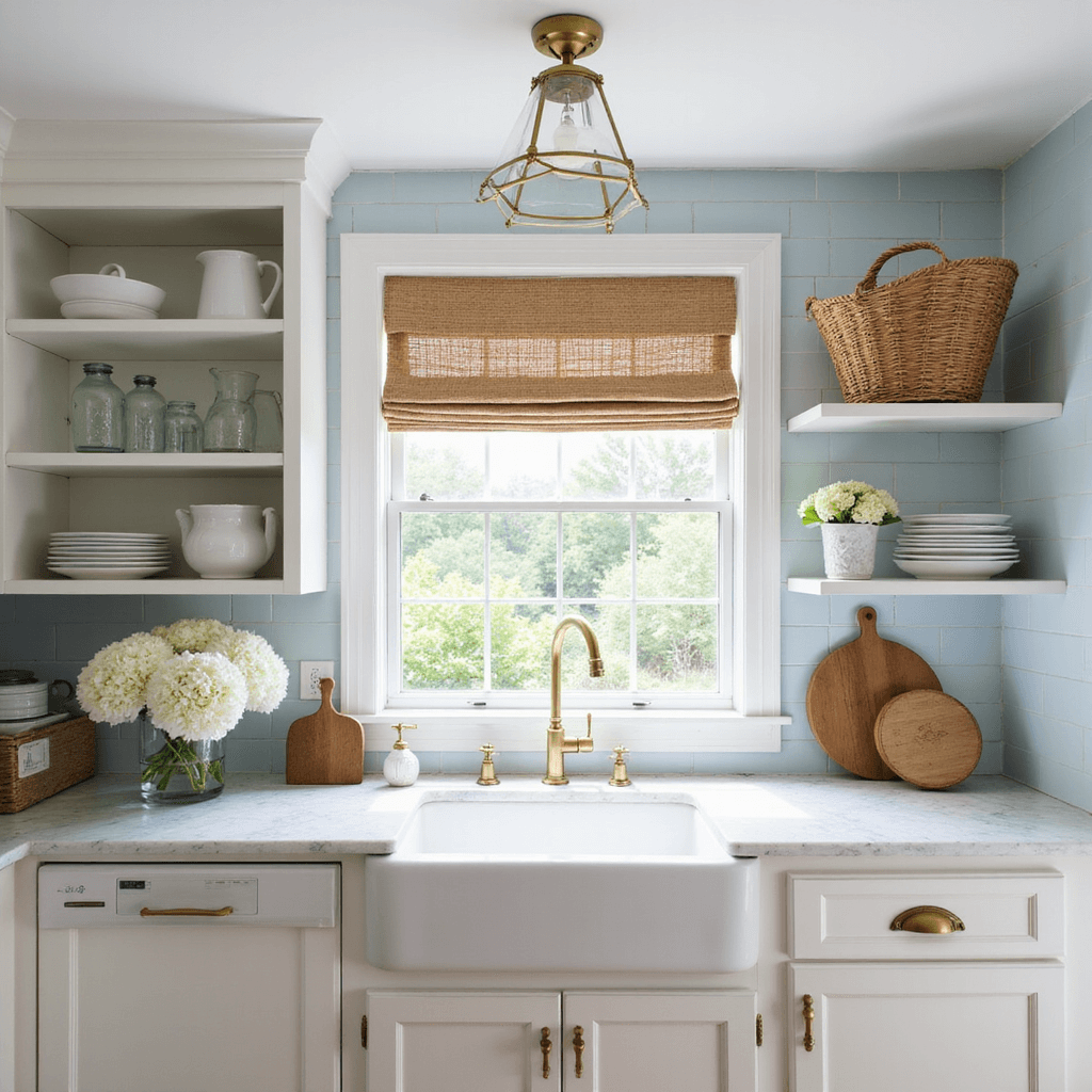 A bright, sunlit coastal kitchen features white shaker cabinets, marble countertops, and a pale blue subway tile backsplash. Open shelving displays white ceramics and glass vessels, complemented by brass hardware. A natural fiber roman shade covers a farmhouse sink, with decor including white hydrangeas, wooden cutting boards, and woven baskets, all creating a bright and airy atmosphere.