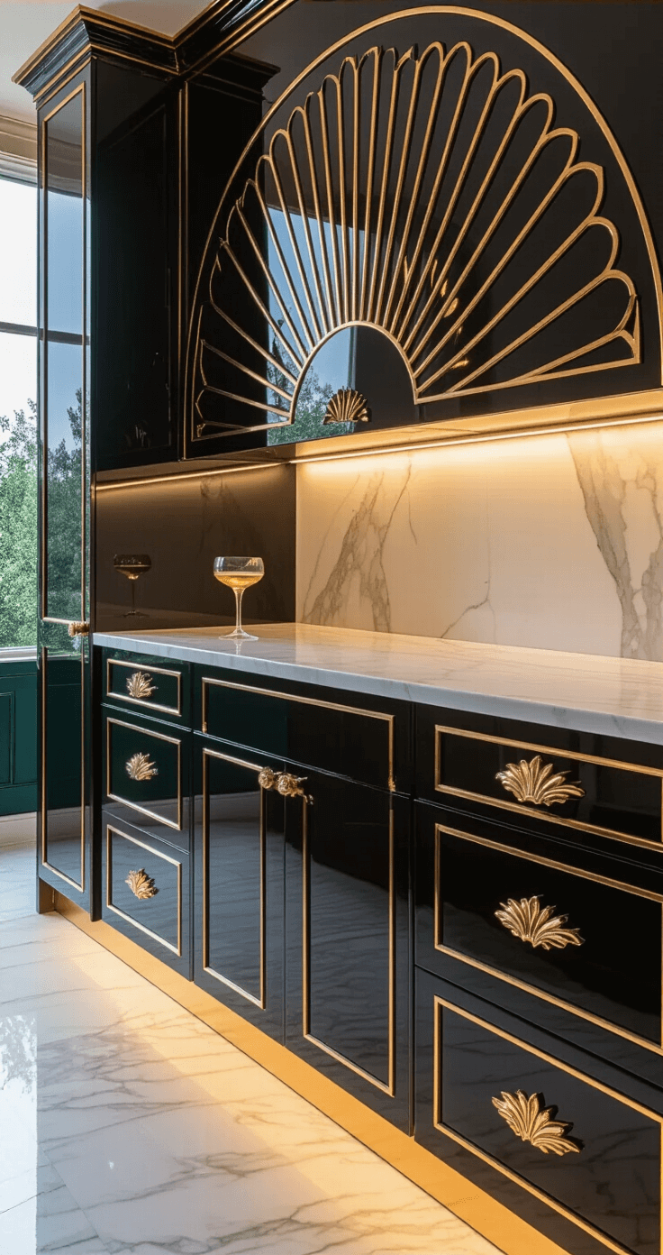 Detail shot of high-gloss black lacquered Art Deco kitchen cabinetry with gold inlays and peacock feather handles, illuminated by warm under-cabinet lighting, featuring a Carrara marble countertop and a champagne coupe.