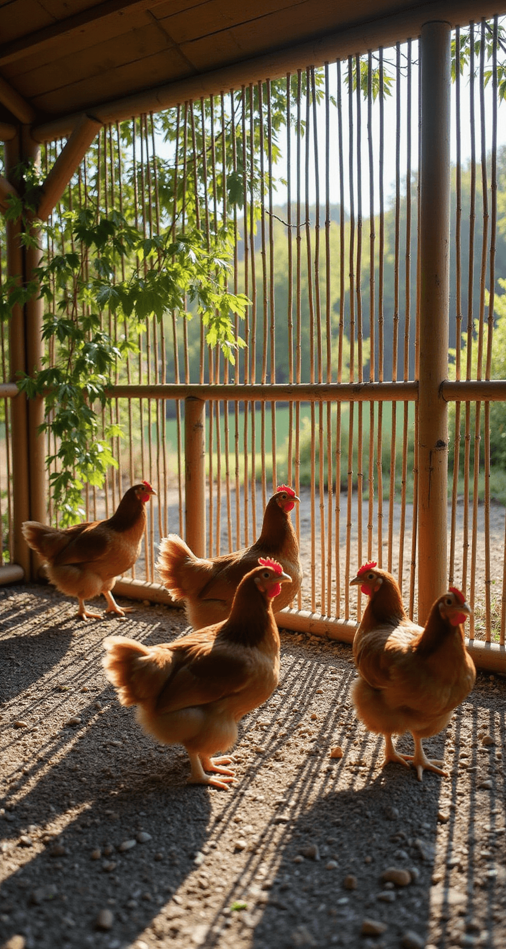 A chicken coop surrounded by 4ft split bamboo fencing with a decorative top rail, morning sunlight casting striped shadows on rustic gravel. Heritage chickens roam, while climbing jasmine intertwines with the structure, captured from chicken eye level with a bokeh effect on the background vegetation, evoking a fresh, rural atmosphere.