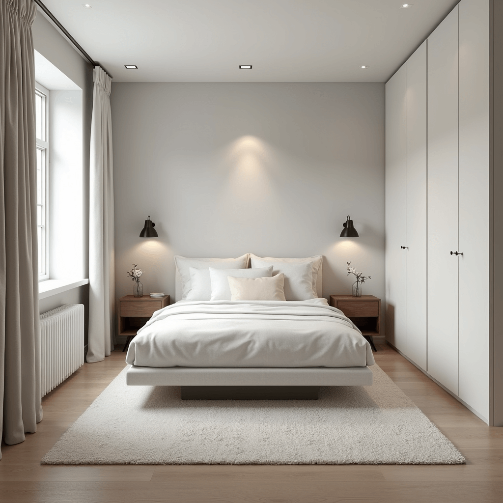 A cozy Scandinavian-style basement bedroom featuring a low-profile white platform bed, walnut nightstands, and warm afternoon lighting from recessed fixtures. The room has pale oak flooring, white linen curtains, and minimalist built-ins, creating an airy atmosphere with a textured white area rug and matte black sconces.