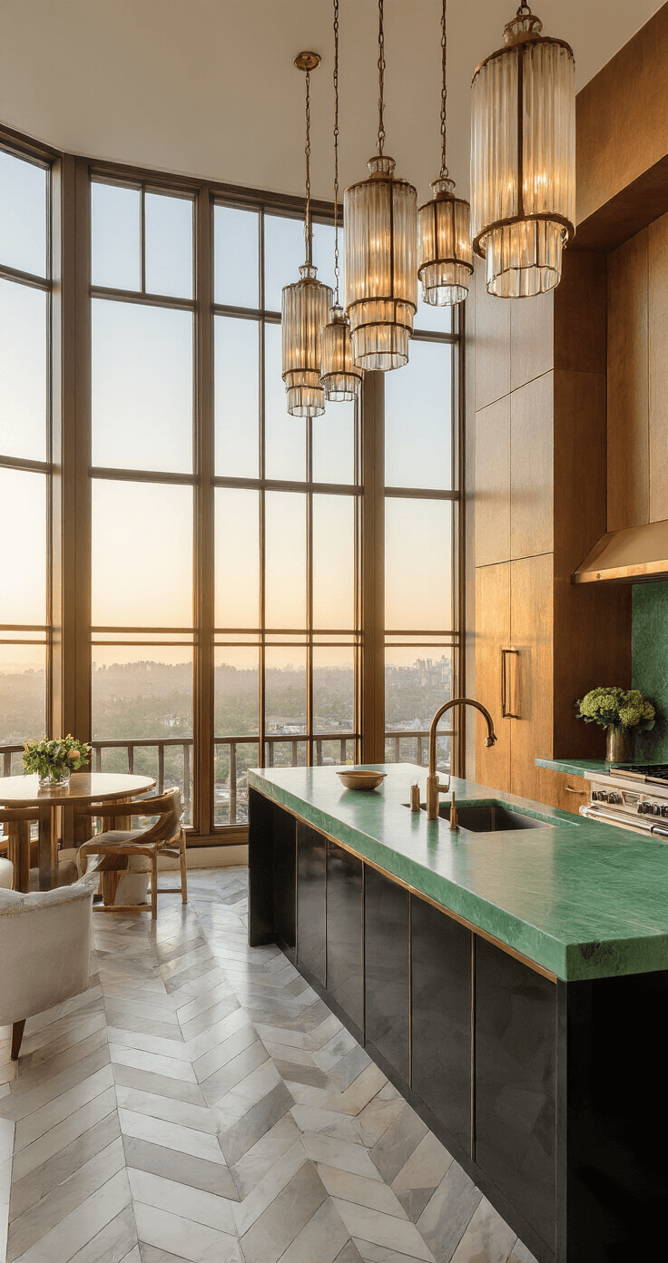 A panoramic view of an Art Deco kitchen at sunrise, featuring floor-to-ceiling windows, geometric bronze mullions, a chevron-patterned marble floor, slim cabinets of bird's eye maple and black lacquer, a jade green onyx island, and tiered brass and opal glass chandeliers.