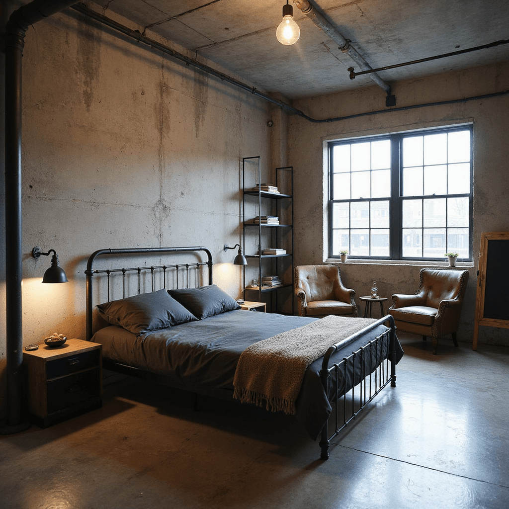 An industrial chic underground bedroom featuring exposed concrete walls and polished concrete floors, with morning light streaming through a large egress window. A queen-size metal frame bed with charcoal linens is centered in the room, surrounded by vintage factory pendant lights, a full wall black metal shelving unit, a distressed leather armchair in a reading nook, and a galvanized pipe clothing rack, all captured from the entrance for a dramatic perspective.