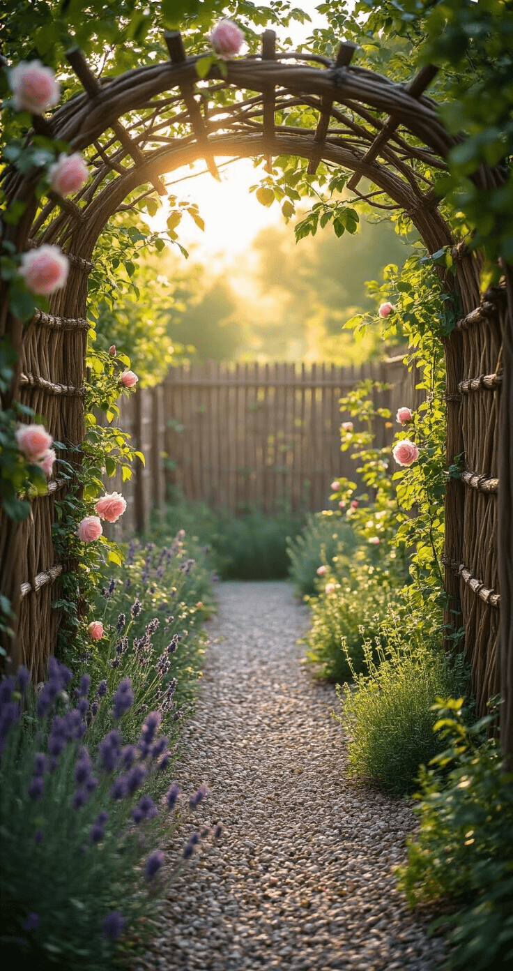 Early morning sunlight filters through a woven wattle fence adorned with climbing pale pink roses, casting delicate shadows on a gravel path lined with lavender bushes, captured in soft natural lighting.