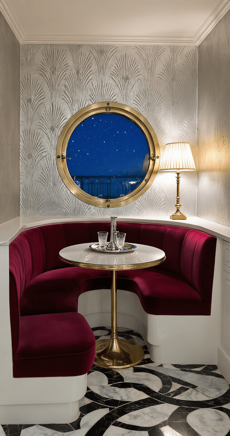 Intimate Art Deco kitchen nook at midnight, featuring a curved burgundy velvet banquette, a mirrored round table with an absinthe fountain, and a starry night visible through a porthole window, all illuminated by a brass table lamp, with silver leaf wallpaper and a mosaic floor.