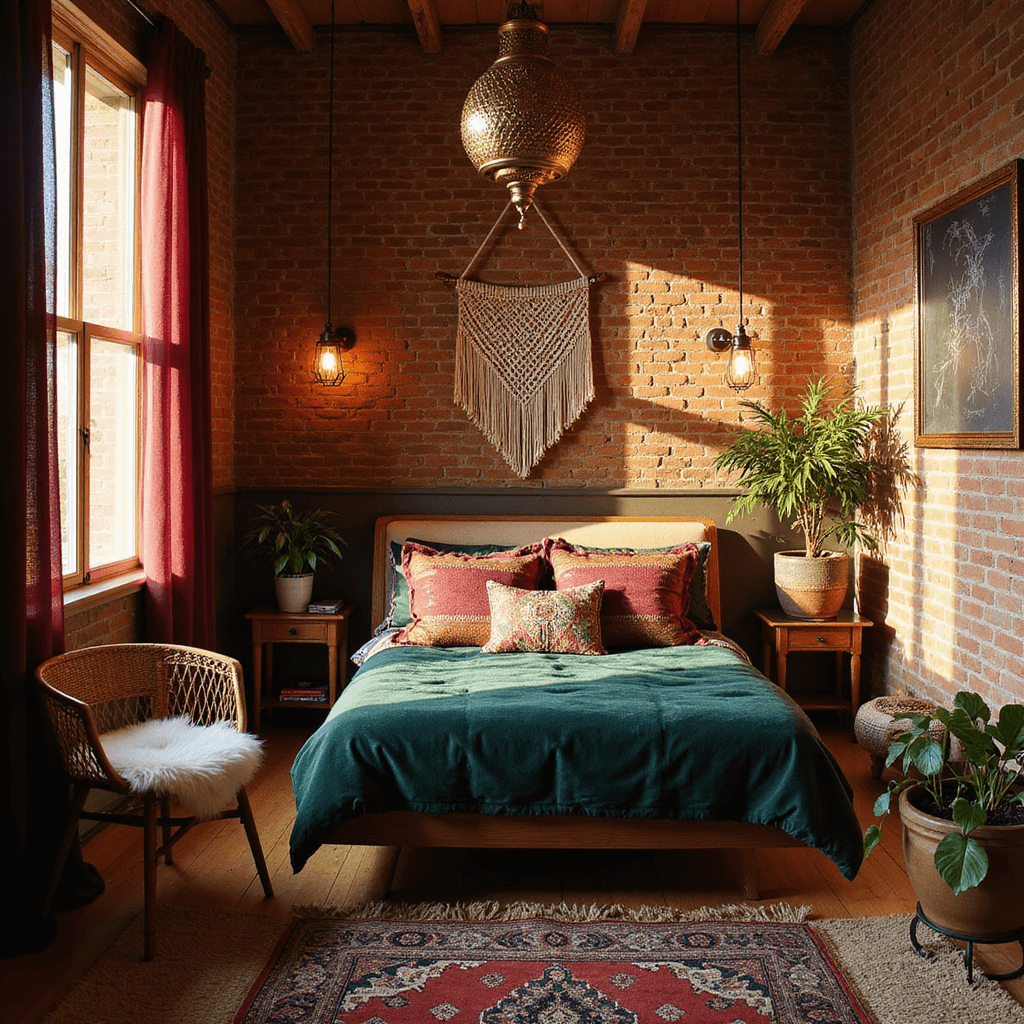 A cozy bohemian basement oasis featuring a low-slung platform bed with emerald velvet bedding, surrounded by layered textures and rich jewel tones. Golden hour light filters through burgundy drapes, highlighting a Moroccan brass pendant and a macramé wall hanging on a painted brick wall. A Persian rug layers over jute, and a rattan chair with a sheepskin throw adds warmth to the eclectic space. The image is captured from an elevated corner angle, showcasing the maximalist styling and global influences.