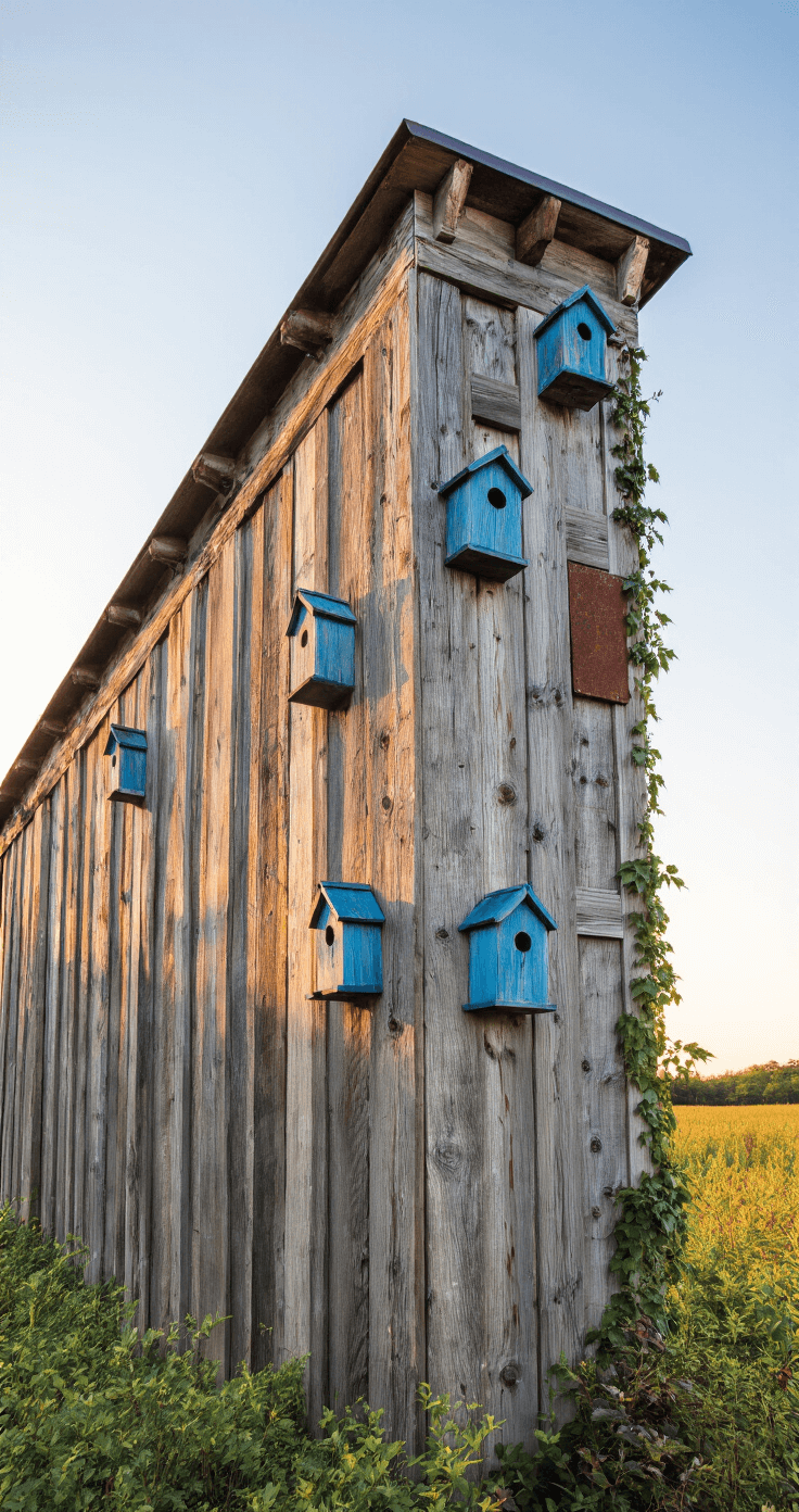 Late afternoon golden hour image of a 20-foot reclaimed barnwood fence with weathered gray and brown planks, adorned with vintage blue-painted birdhouses and burgundy Virginia creeper. The photo captures the structure at a 45-degree angle from ground level, highlighting wood grain and architectural details with dramatic side lighting, and rust-colored metal hardware providing contrast. F/4 aperture creates a balanced focus on the fence while softly blurring the background foliage.