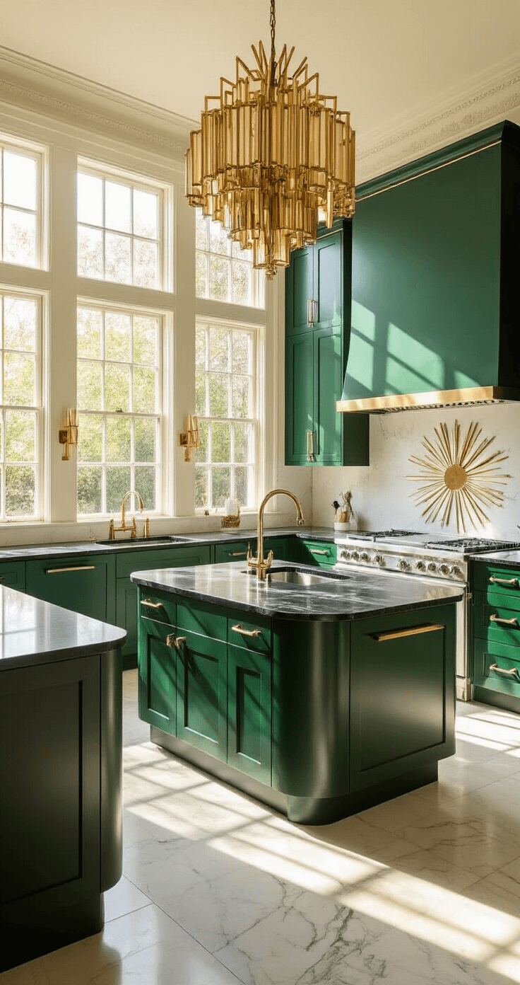 A spacious Art Deco kitchen featuring emerald green cabinets, black marble countertops, and a geometric sunburst backsplash, illuminated by warm afternoon light and crowned with a tiered brass chandelier.
