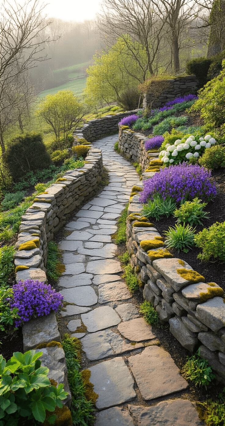 Aerial view of a winding dry stone wall in a cottage garden, surrounded by moss-covered granite, limestone, and slate. Early spring morning light enhances the textures, while purple aubrieta drapes over the edges and climbing hydrangea begins to grow. The image showcases the wall's serpentine path through the lush landscape.