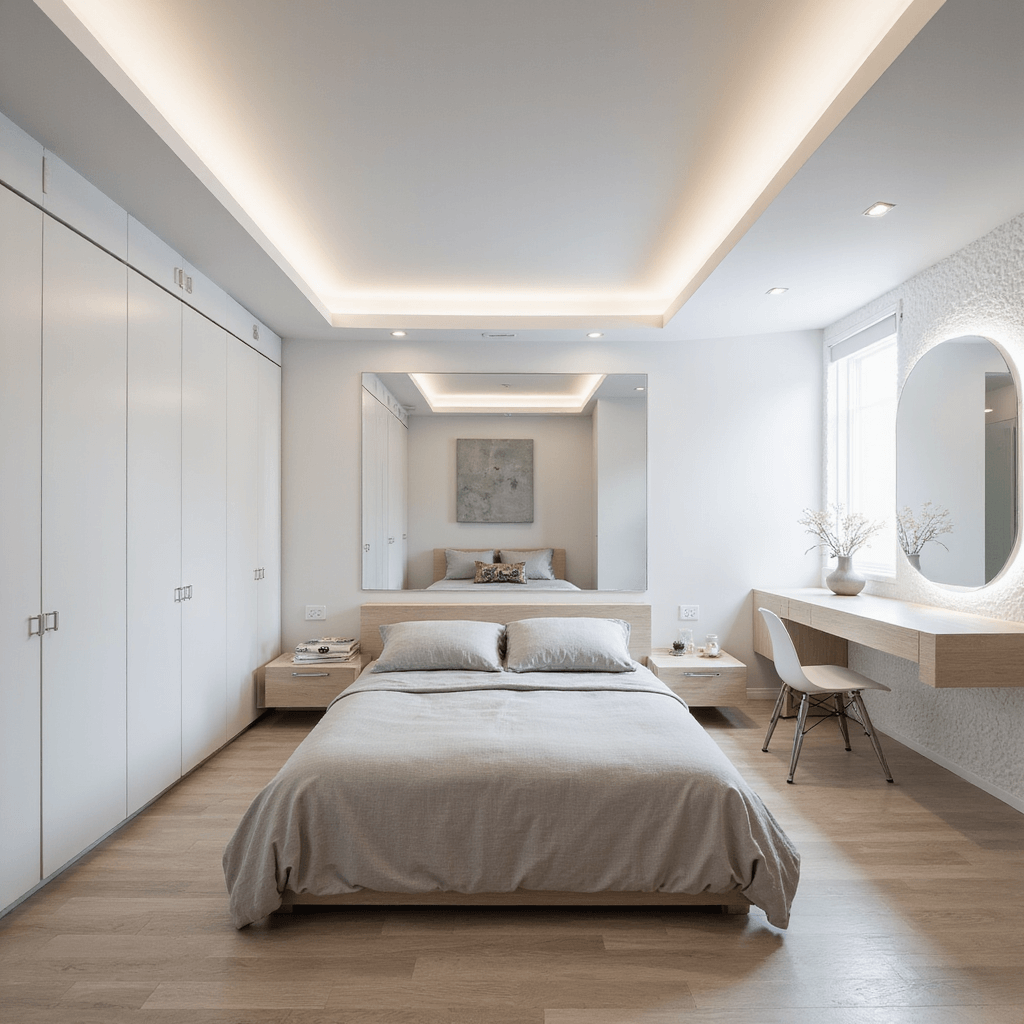 A modern minimalist basement bedroom featuring floor-to-ceiling white built-ins, a light grey linen platform bed, daylight-mimicking LED strips, an oversized mirror, a white oak floating desk with a ghost chair, and textured white wallpaper, captured in bright, even lighting with a wide-angle view.