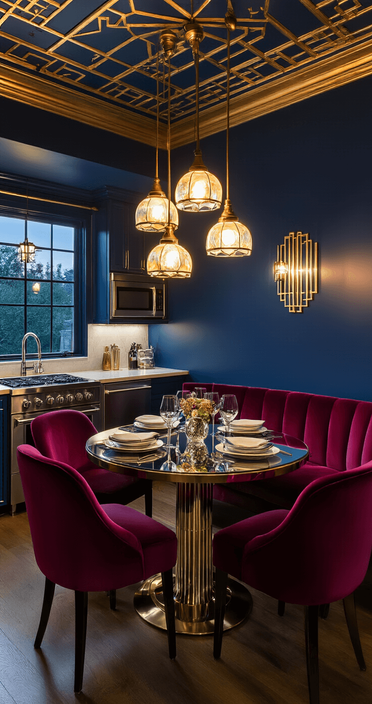 A cozy Art Deco kitchen nook at twilight with deep sapphire blue walls, opalescent glass pendant lights, a mirrored round table, and velvet burgundy chairs, featuring geometric gold leaf patterns on the ceiling.