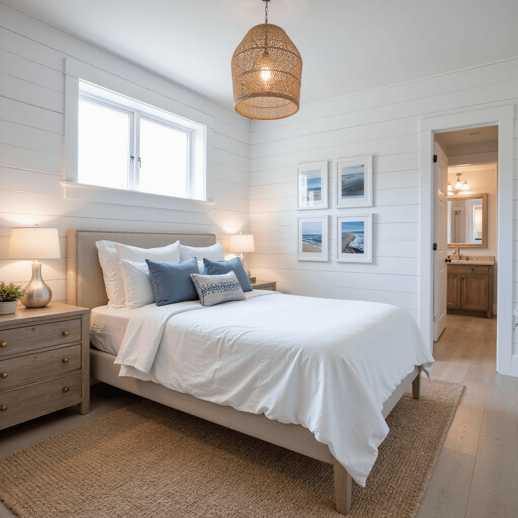 A cozy 16x14ft basement bedroom featuring a soft white shiplap accent wall, a king bed with crisp white linens and blue-grey throw pillows, and a woven pendant light. Natural and warm artificial lighting illuminates the space, showcasing a weathered oak dresser with brass hardware, a seagrass rug over light wood flooring, and a beach photography gallery wall. The image is captured from the doorway, highlighting the room's depth and relaxed beach house aesthetic.