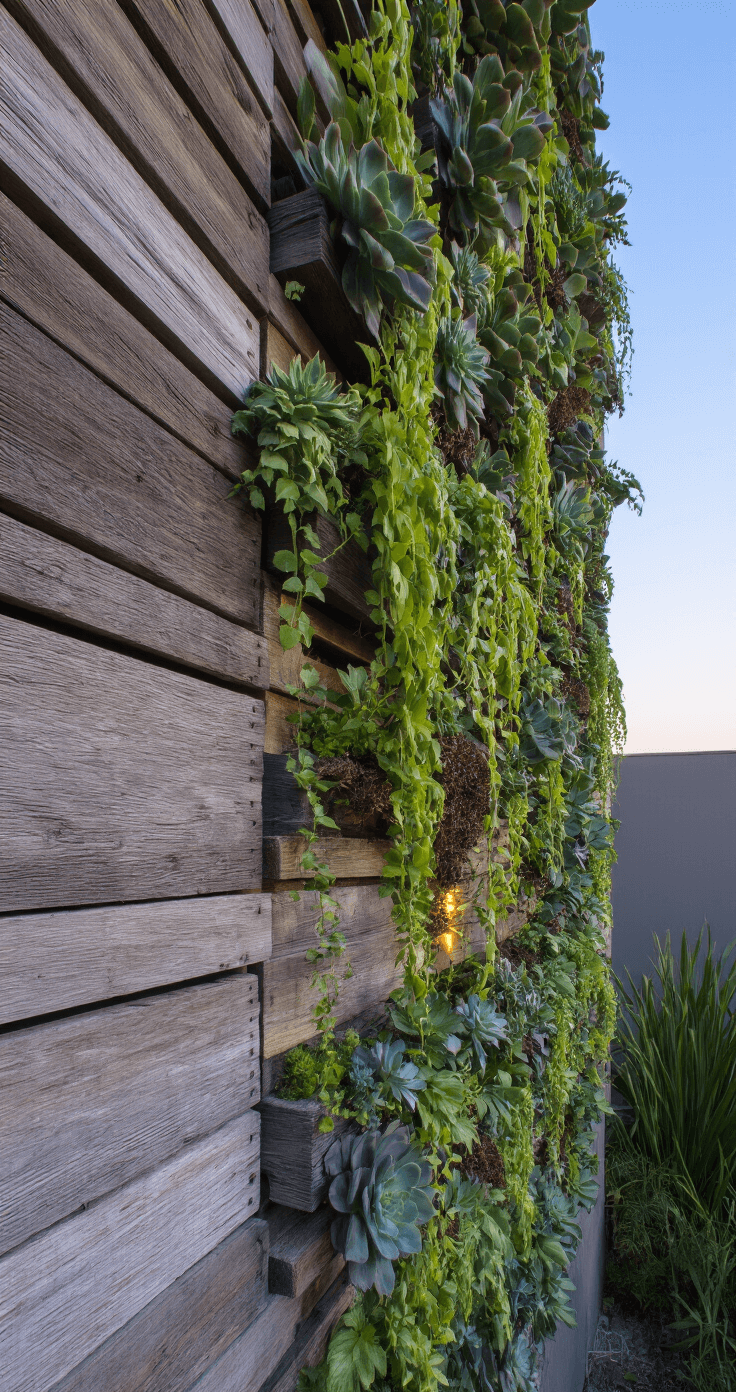 Close-up of a vertical pallet garden wall made of weathered gray wood, 8 feet tall and 12 feet wide, showcasing succulents and trailing vines, captured during blue hour with soft lighting, featuring a shallow depth of field that blurs the background while keeping the plants in sharp focus.