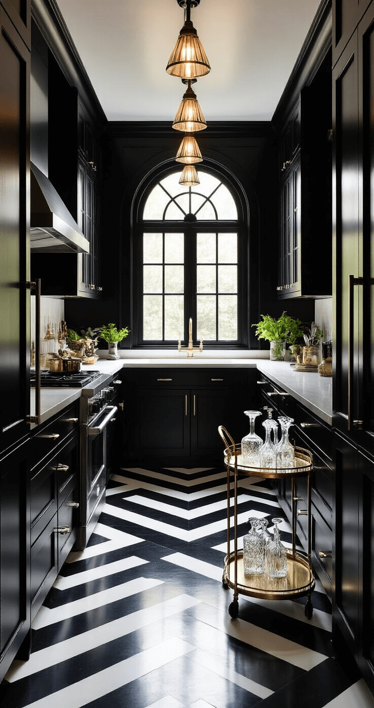 A galley-style Art Deco kitchen featuring jet black cabinets, a bold black and white chevron floor, and an arched window, illuminated by morning light and geometric pendant lights, with a brass bar cart stocked with crystal decanters.