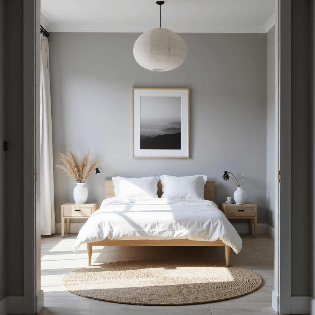 A serene Scandinavian minimalist bedroom with gray walls, a platform bed with white linens, blonde wood nightstands, and a large pendant light, illuminated by morning light from floor-to-ceiling windows, featuring a jute rug over light gray wooden floors and a black and white photography print above the bed.