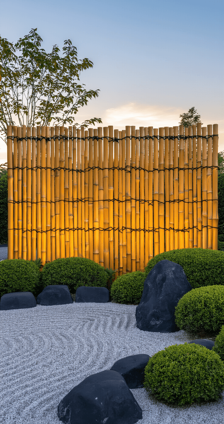 Zen garden at magic hour with 6-foot honey-gold bamboo screening bound with black twine, black river rocks, and cloud-pruned boxwood, captured with a telephoto lens to emphasize patterns and peaceful atmosphere.