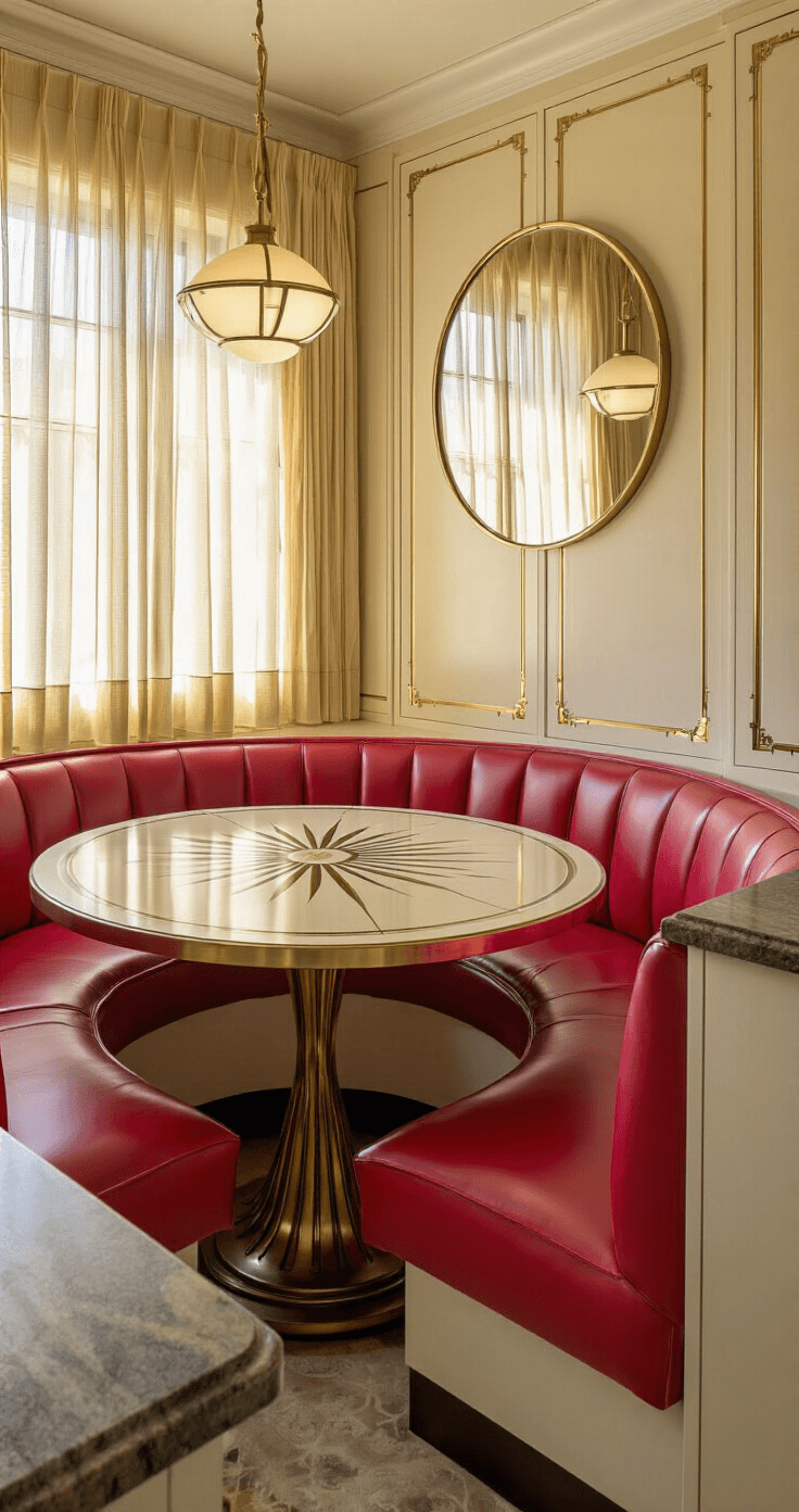 A cozy Art Deco kitchen corner featuring a ruby red leather banquette seating with a custom round table showcasing a sunburst inlay, illuminated by a large circular mirror above and soft, diffused light filtering through sheer gold curtains. Floor-to-ceiling pale cream cabinets with brass geometric inlays enhance the luxurious atmosphere.