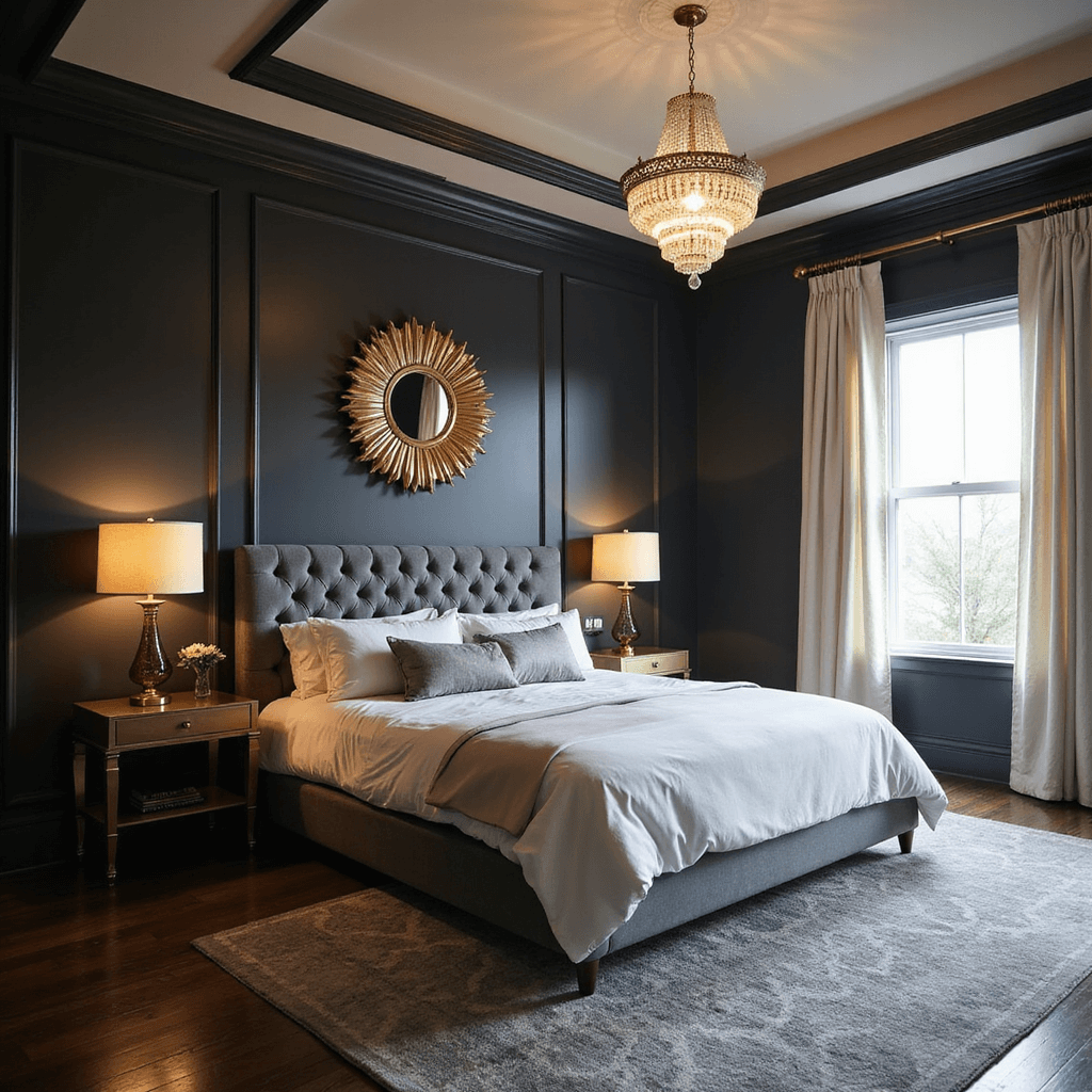 Luxurious master bedroom featuring dramatic charcoal walls and a 10ft tray ceiling, with a king-sized bed and tall channel-tufted gray velvet headboard, a champagne gold sunburst mirror, crystal chandelier, and elegant brass bedside tables, enhancing the moody atmosphere at golden hour.