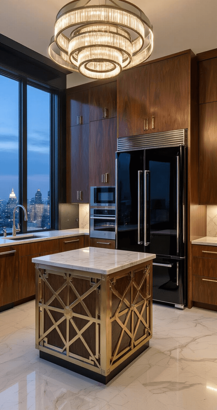 A luxurious Art Deco kitchen featuring a large black lacquered refrigerator with chrome accents, flanked by rich walnut cabinets with diamond inlays. The white marble-topped island with a geometric brass base and a striking chandelier of chrome rings create a dramatic atmosphere, while a wall of windows reveals city lights at dusk. The low camera angle highlights the grandeur and sophistication of the space, enhanced by moody, contrasting lighting.