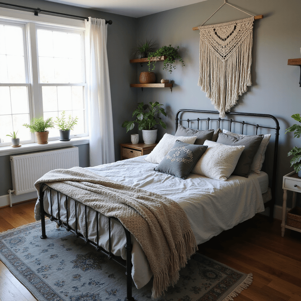 Cozy bohemian bedroom with gray walls, vintage iron bed dressed in light gray linen and layered pillows, macramé wall hanging, potted plants on wooden shelves, and a vintage Persian rug, illuminated by soft afternoon light through sheer curtains.