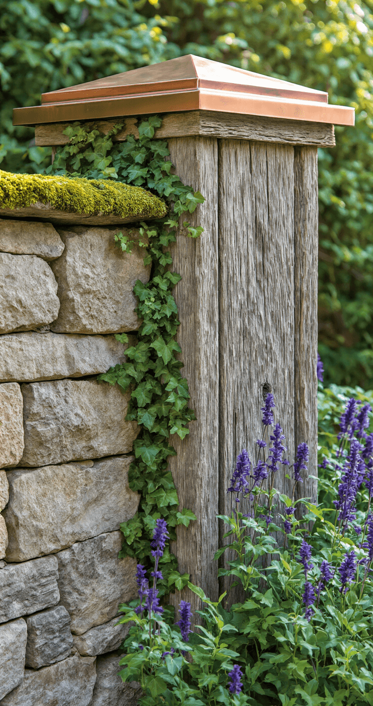 Detail shot of a stone and wood fence junction, featuring a moss-covered stone wall meeting reclaimed timber, with copper caps on oak posts, accented by English ivy and purple salvia, captured in soft natural light.