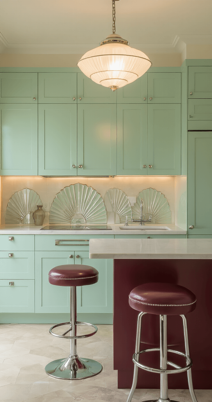 A compact Art Deco kitchen featuring pale mint green cabinets, mirrored fan-pattern backsplash, a small breakfast bar with burgundy stools, and a large opal glass light fixture, all illuminated by soft morning light.