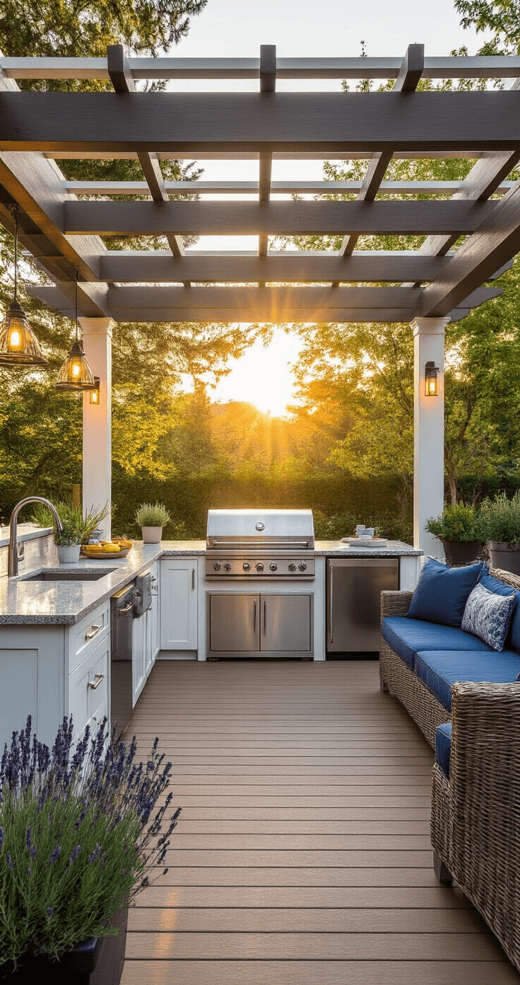 A luxurious 20x15ft composite deck at golden hour featuring a U-shaped outdoor kitchen with stainless steel appliances, warm sunlight filtering through a pergola, and coastal-inspired decor including white Shaker cabinetry, deep blue seating, and potted lavender.