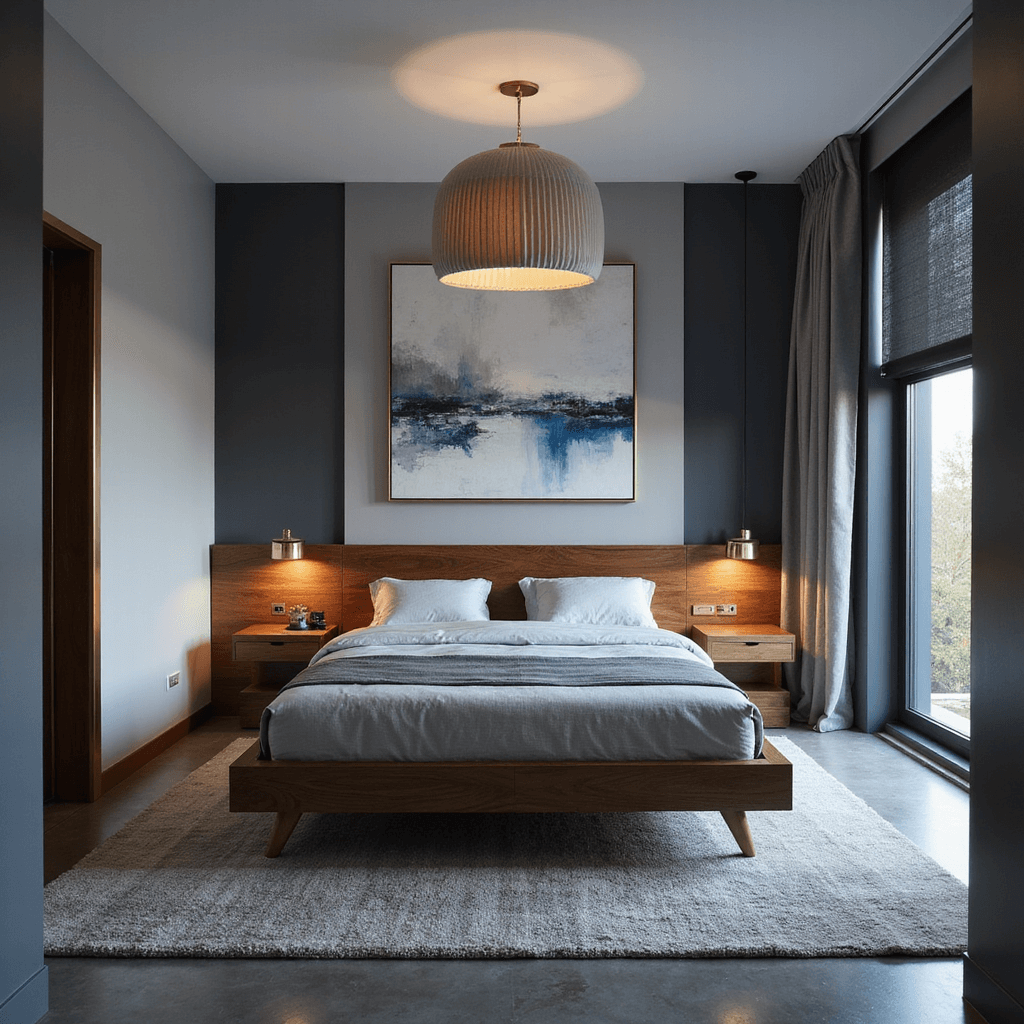 Contemporary gray bedroom at dusk featuring two-tone walls in Classic Gray and Chelsea Gray with brass trim, a modern platform bed in walnut, an oversized abstract canvas, pleated gray silk pendant light, and plush carpet, all illuminated by ambient lighting and visible through floor-to-ceiling windows with charcoal shades.