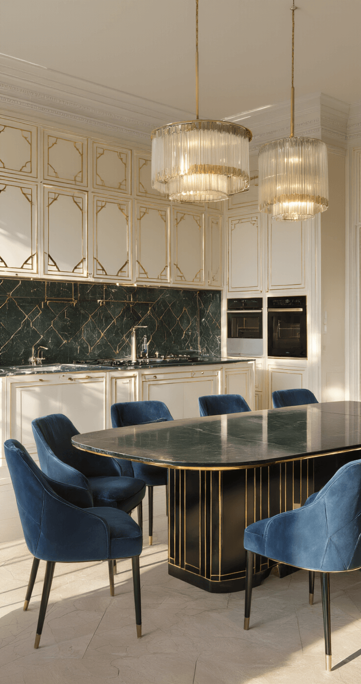 An elegant Art Deco kitchen and dining area with black and chrome appliances, warm ivory cabinets, a green marble island, and polished ebony dining table, illuminated by golden hour sunlight with oversized drum pendant lights overhead.
